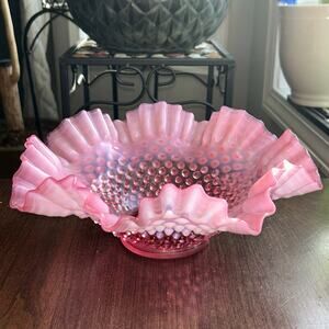 Fenton Glass Hobnail Crimped Ruffled Bowl Shape Pink Cranberry Opalescent